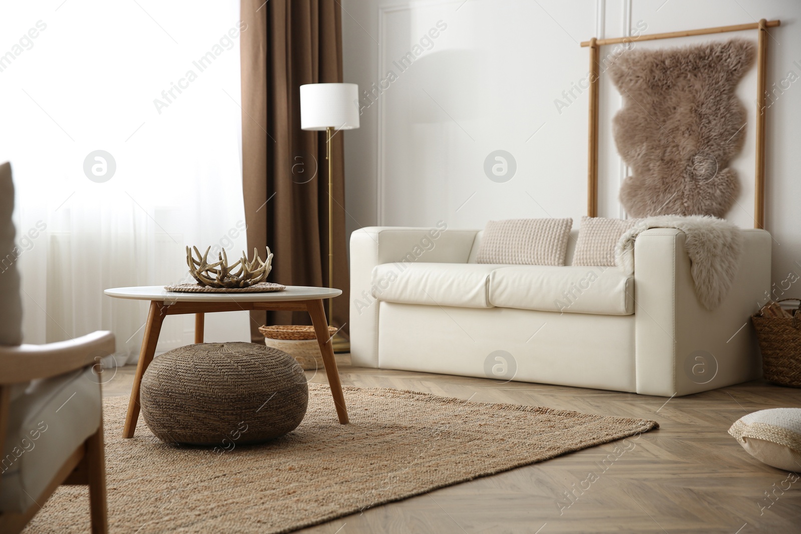 Photo of Comfortable sofa and hanging faux fur in modern room. Interior design