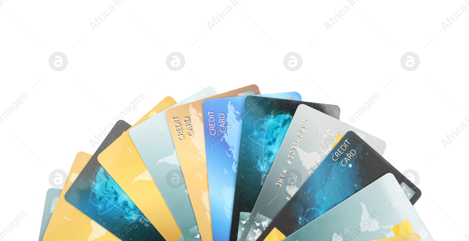 Photo of Different credit cards on white background, closeup