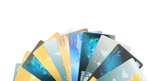 Different credit cards on white background, closeup