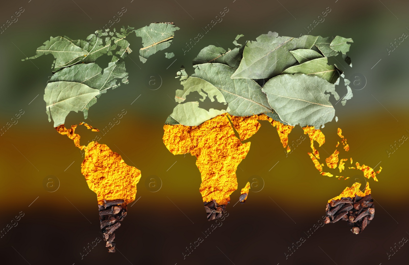 Image of Double exposure of world map and different spices on blurred background. Logistic and wholesale concept