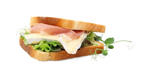 Photo of Tasty sandwich with brie cheese and prosciutto isolated on white