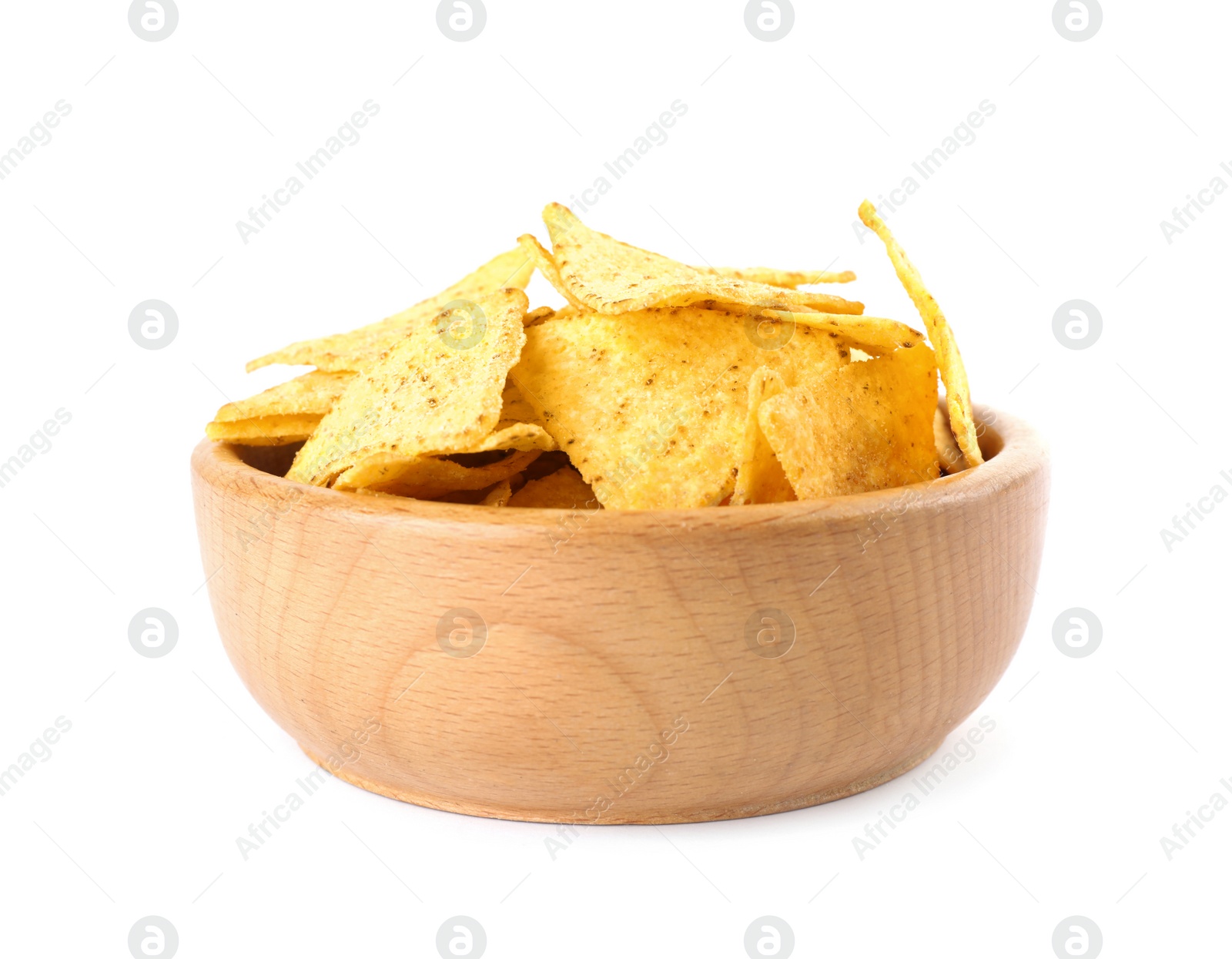 Photo of Wooden bowl with tasty Mexican nachos chips on white background