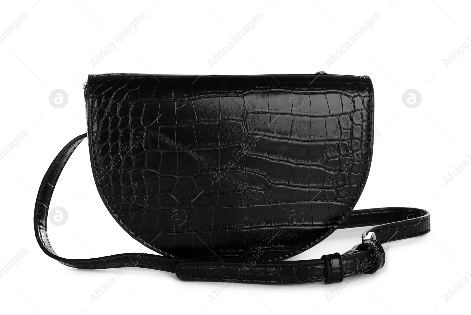 Photo of Black women's saddle bag isolated on white