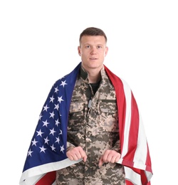 Photo of Male soldier with American flag on white background. Military service