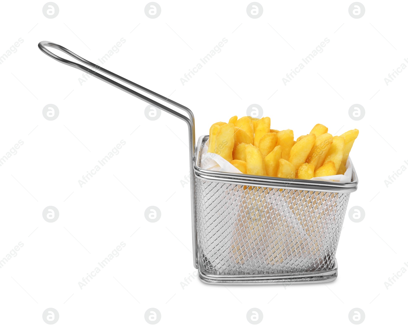 Photo of Delicious French fries in metal basket isolated on white