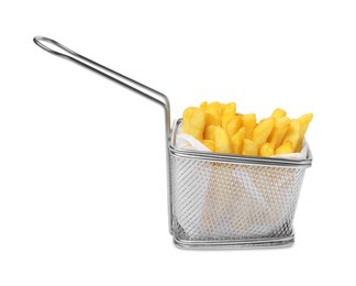 Delicious French fries in metal basket isolated on white