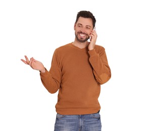 Photo of Man talking on phone against white background