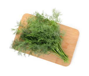 Photo of Wooden board with sprigs of fresh dill isolated on white, top view