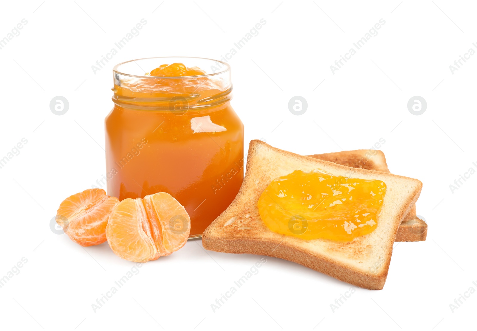 Photo of Toasts with tasty jam and fresh tangerine on white background