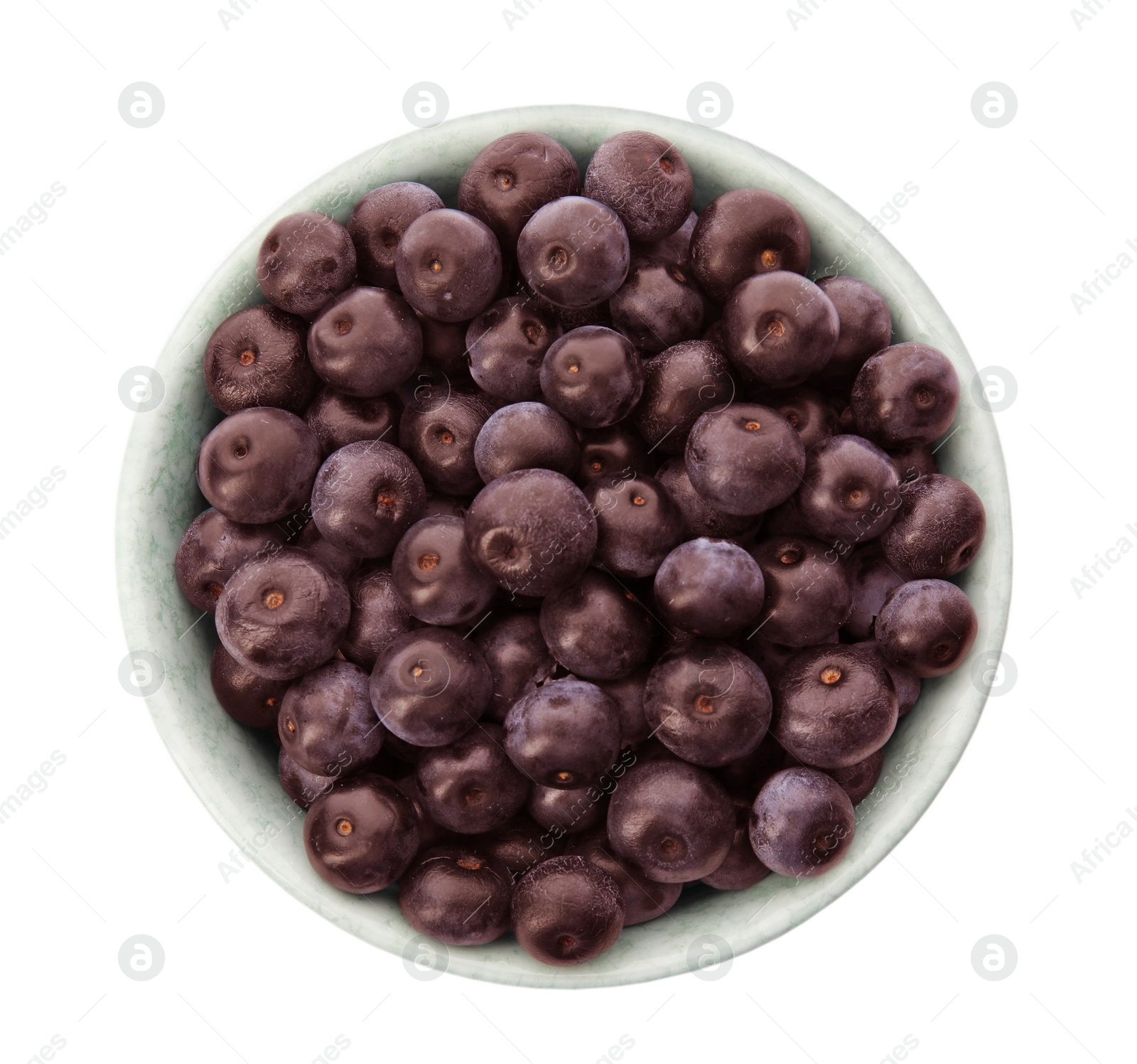 Photo of Bowl with fresh acai berries on white background