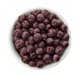 Photo of Bowl with fresh acai berries on white background