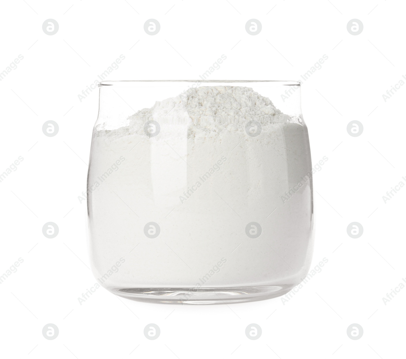 Photo of Organic flour in glass jar isolated on white