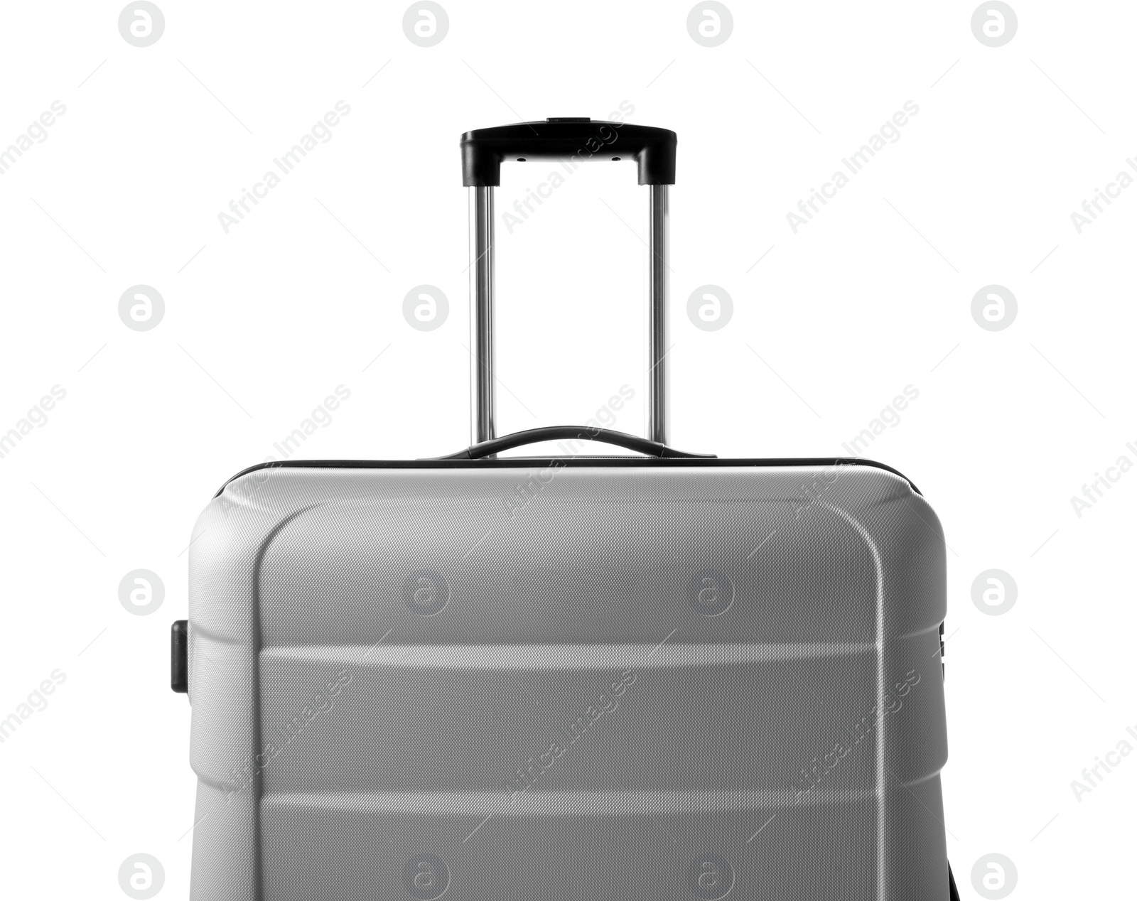 Photo of Gray suitcase packed for journey on white background