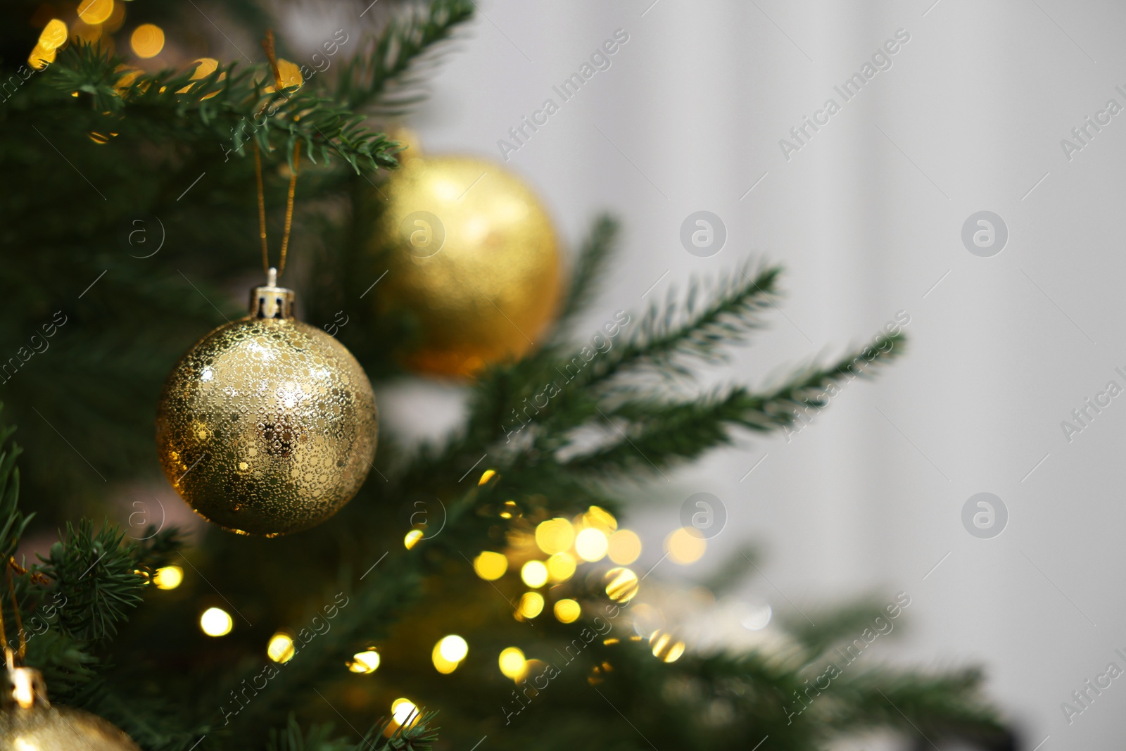 Photo of Christmas balls hanging on fir tree indoors, closeup. Space for text