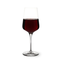 Glass of delicious expensive red wine on white background