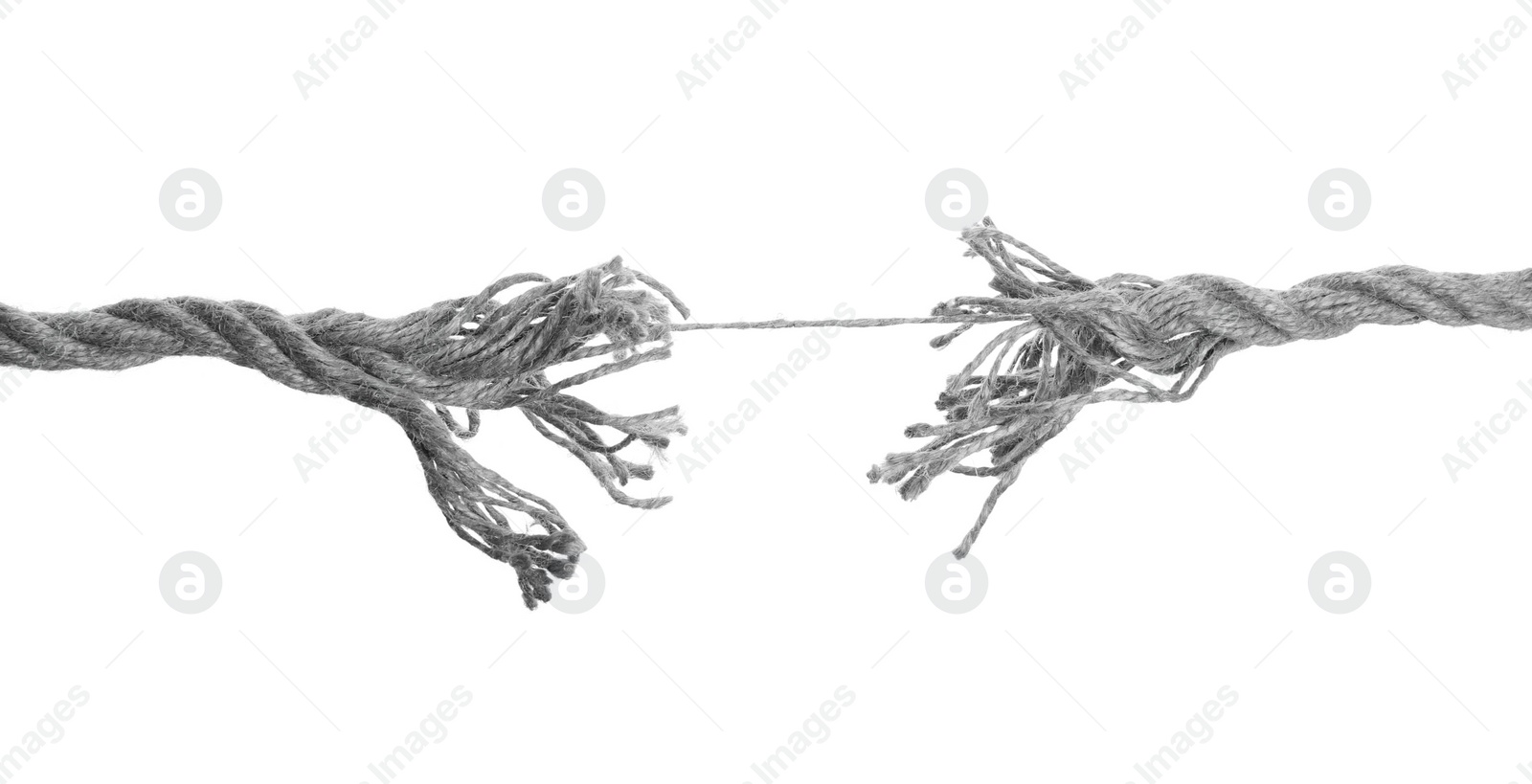 Image of Frayed rope at breaking point on white background, banner design. Cheating concept