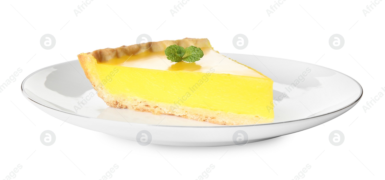 Photo of Plate with slice of delicious homemade lemon pie on white background