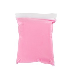 Package of pink play dough on white background, top view