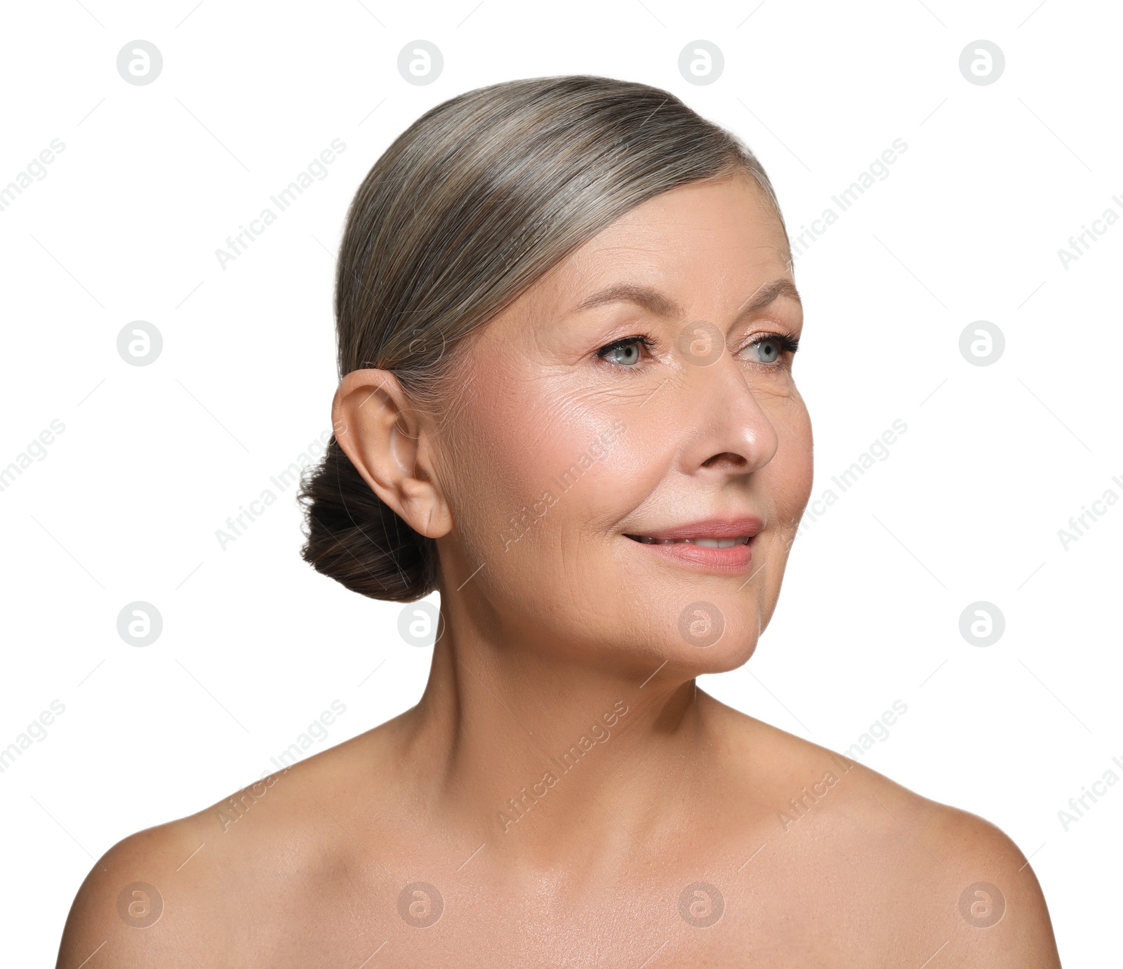 Photo of Beautiful mature woman with healthy skin on white background