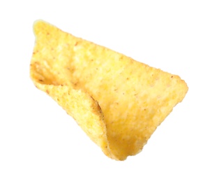 Photo of Tasty Mexican nacho chip on white background