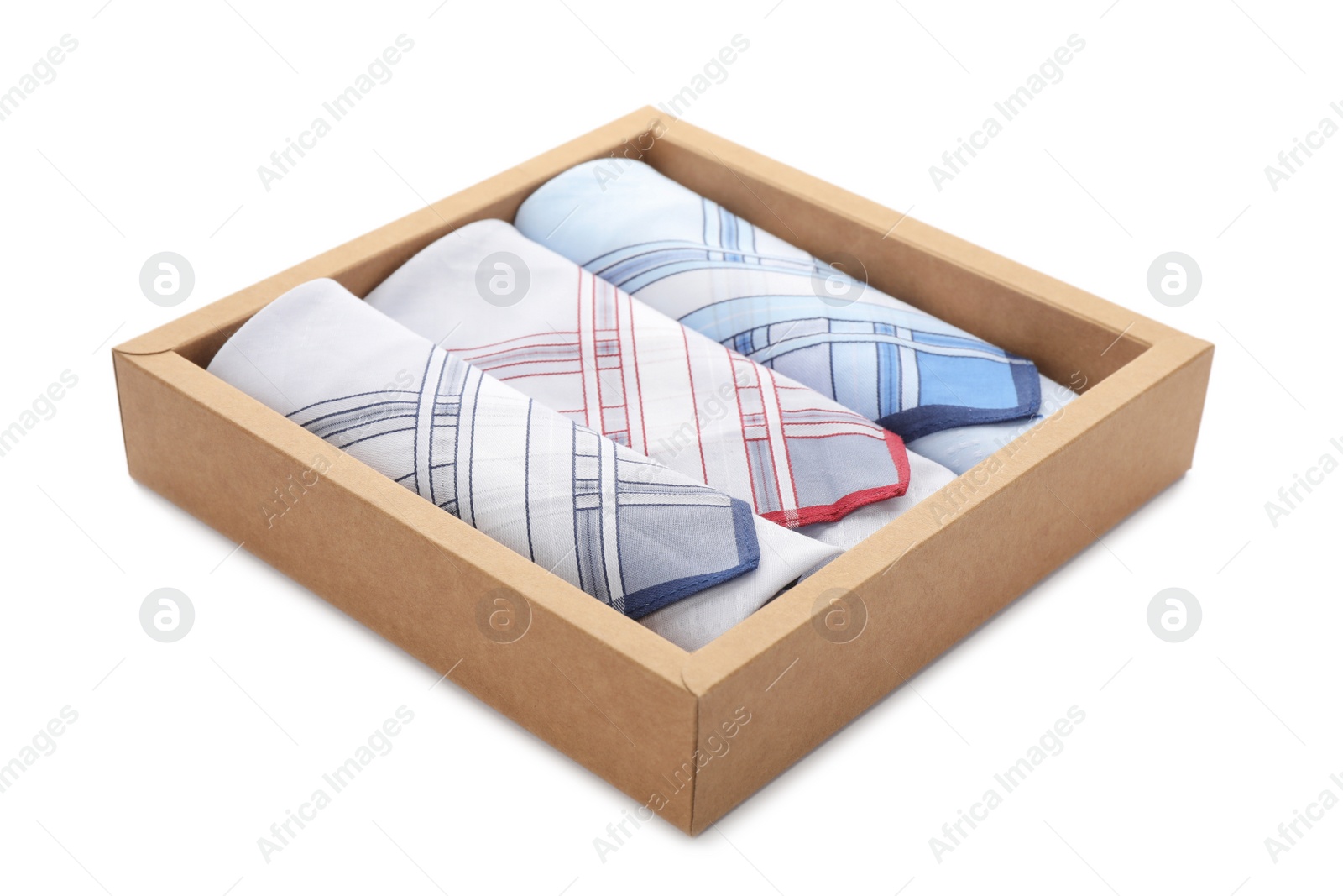Photo of Set of stylish handkerchiefs in box isolated on white