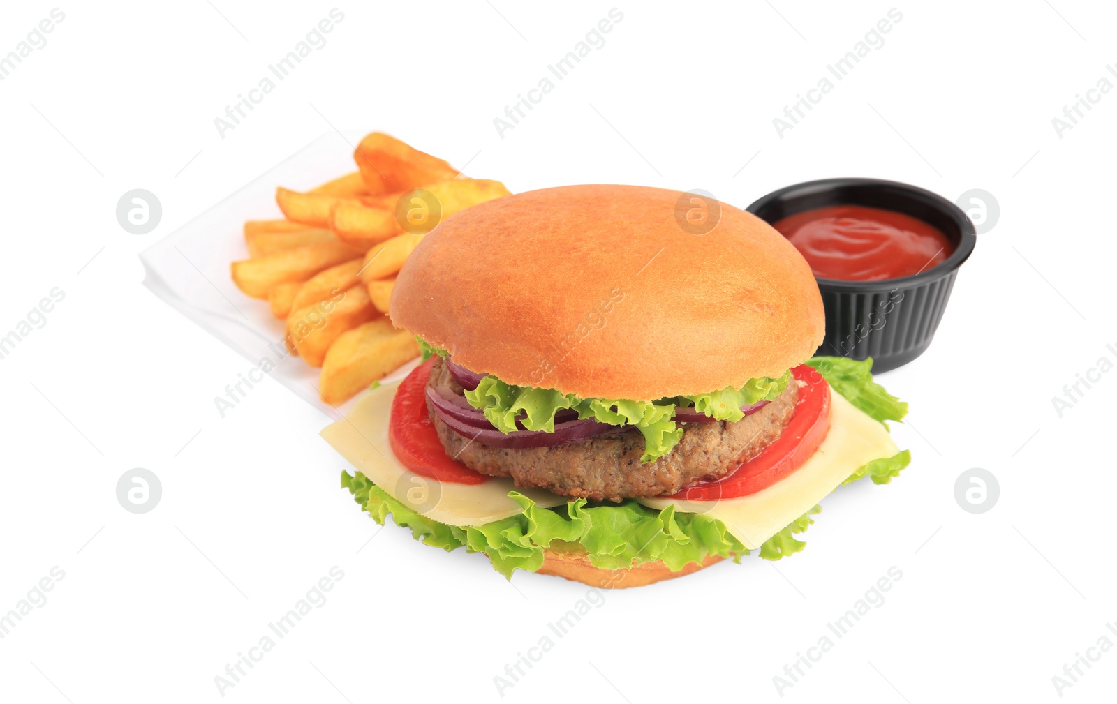 Photo of Tasty burger served with french fries and ketchup isolated on white