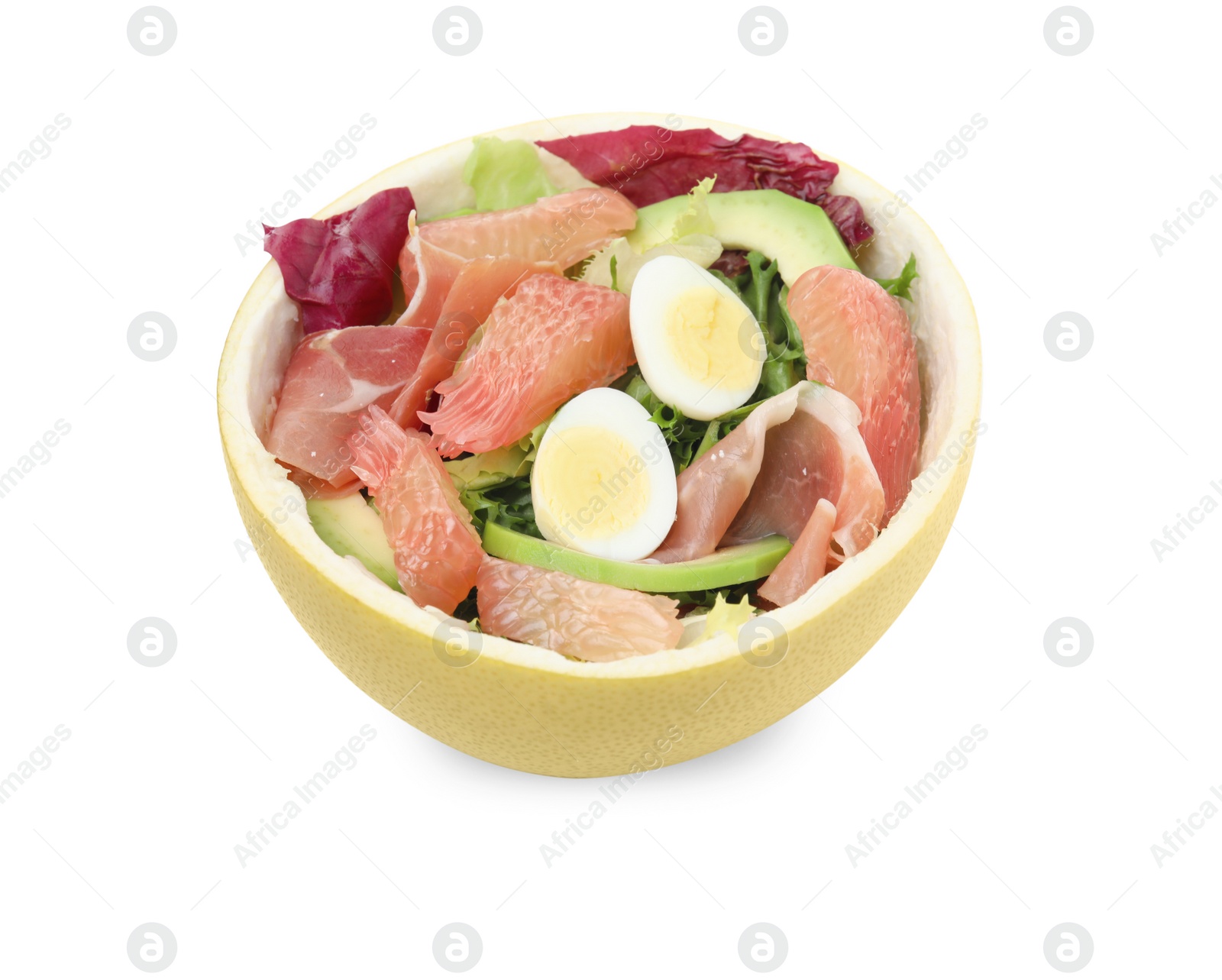 Photo of Delicious pomelo salad with prosciutto in half of fruit isolated on white