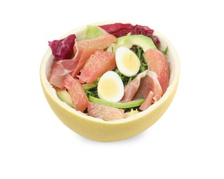 Delicious pomelo salad with prosciutto in half of fruit isolated on white