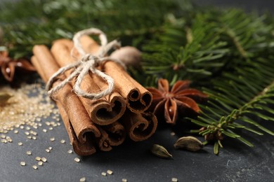 Photo of Different spices and fir branches on gray table, closeup