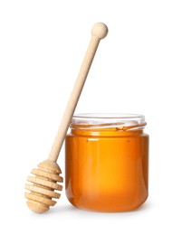 Photo of Tasty natural honey in glass jar and dipper isolated on white