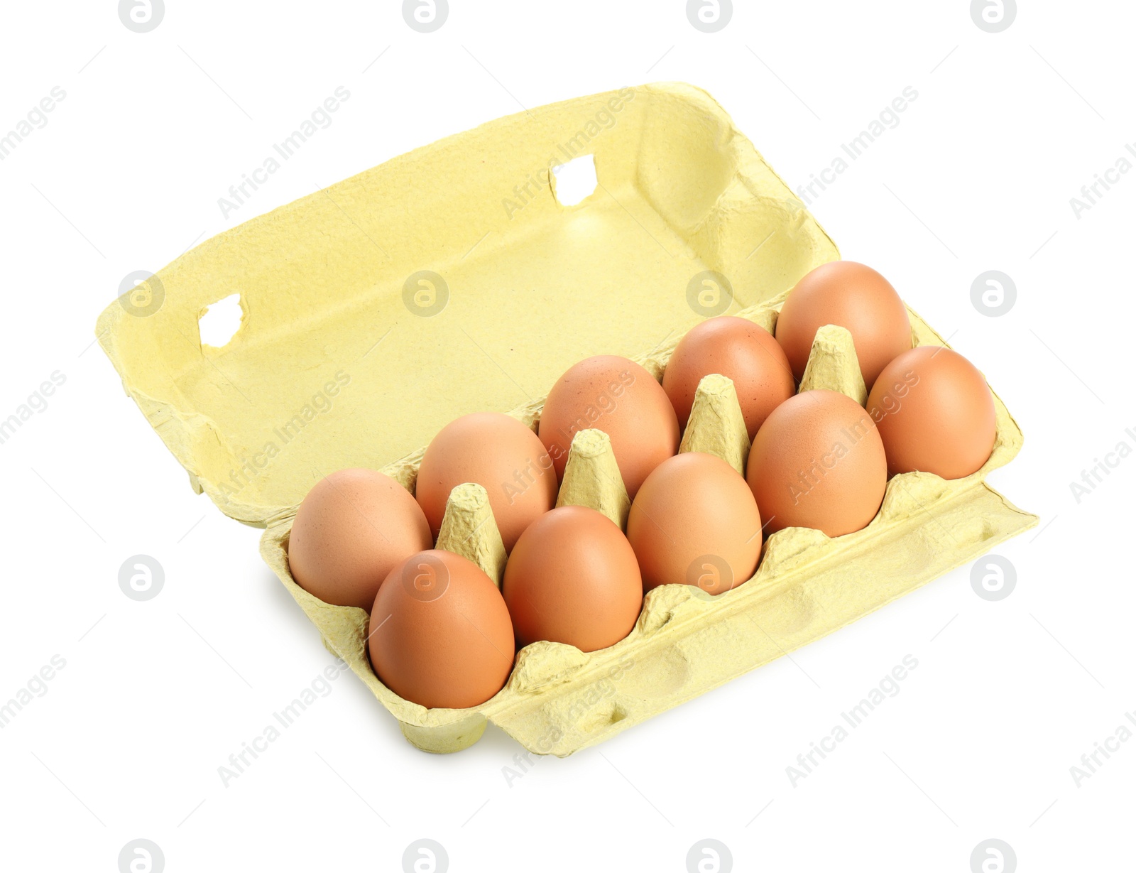 Photo of Chicken eggs in carton isolated on white