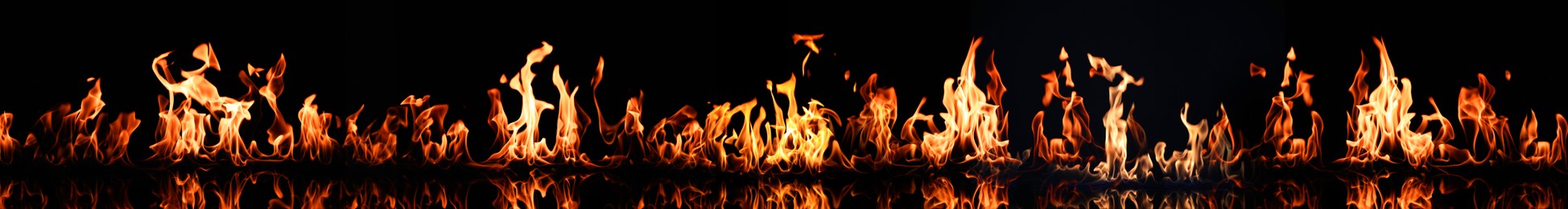 Bright fire flames on black background. Banner design