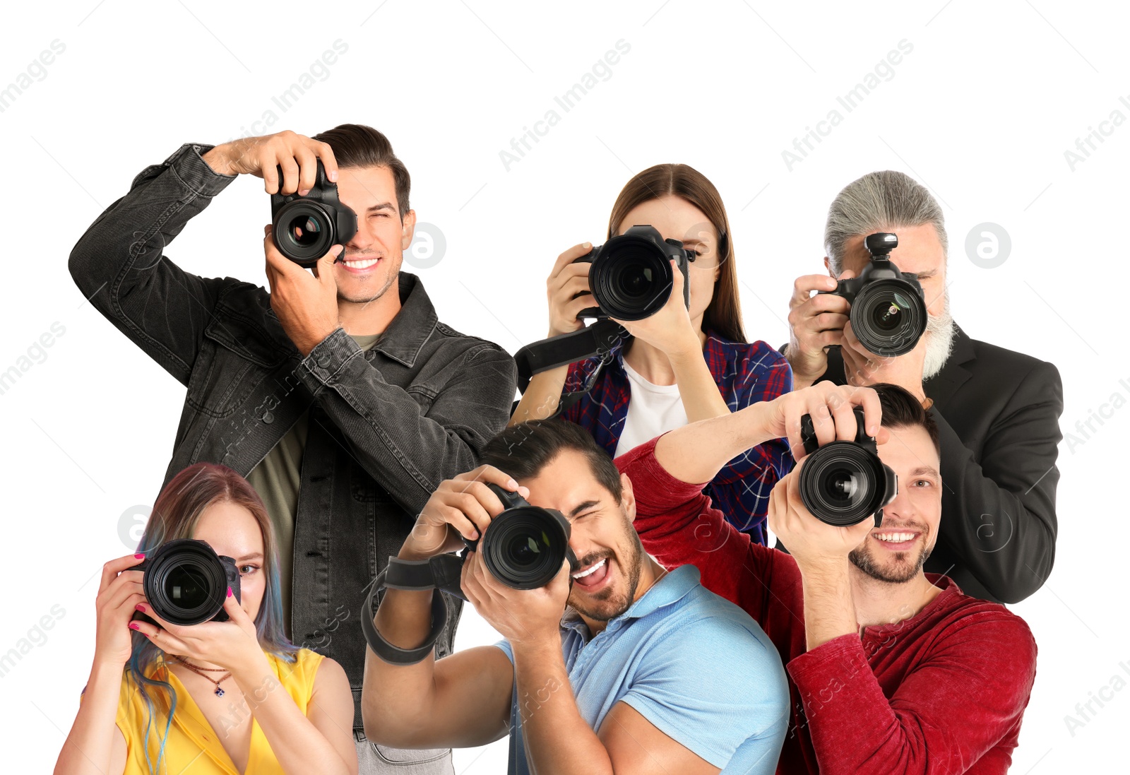 Image of Group of professional photographers with cameras on white background