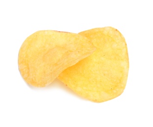 Tasty crispy potato chips on white background