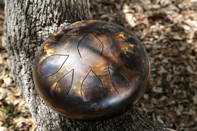 Photo of Steel tongue drum on tree bark outdoors. Percussion musical instrument