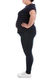 Overweight woman on white background, closeup. Weight loss