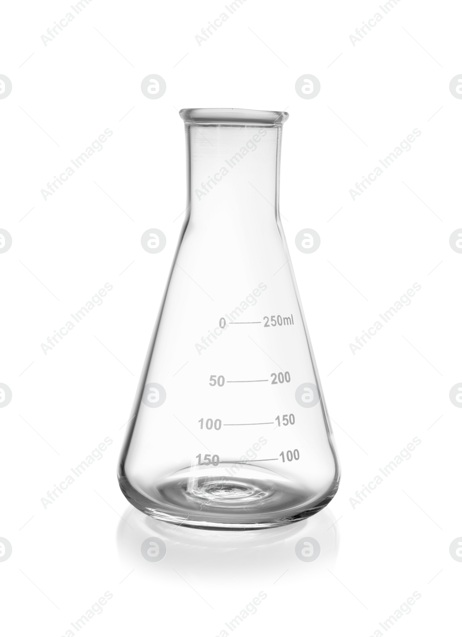 Photo of One empty laboratory flask isolated on white