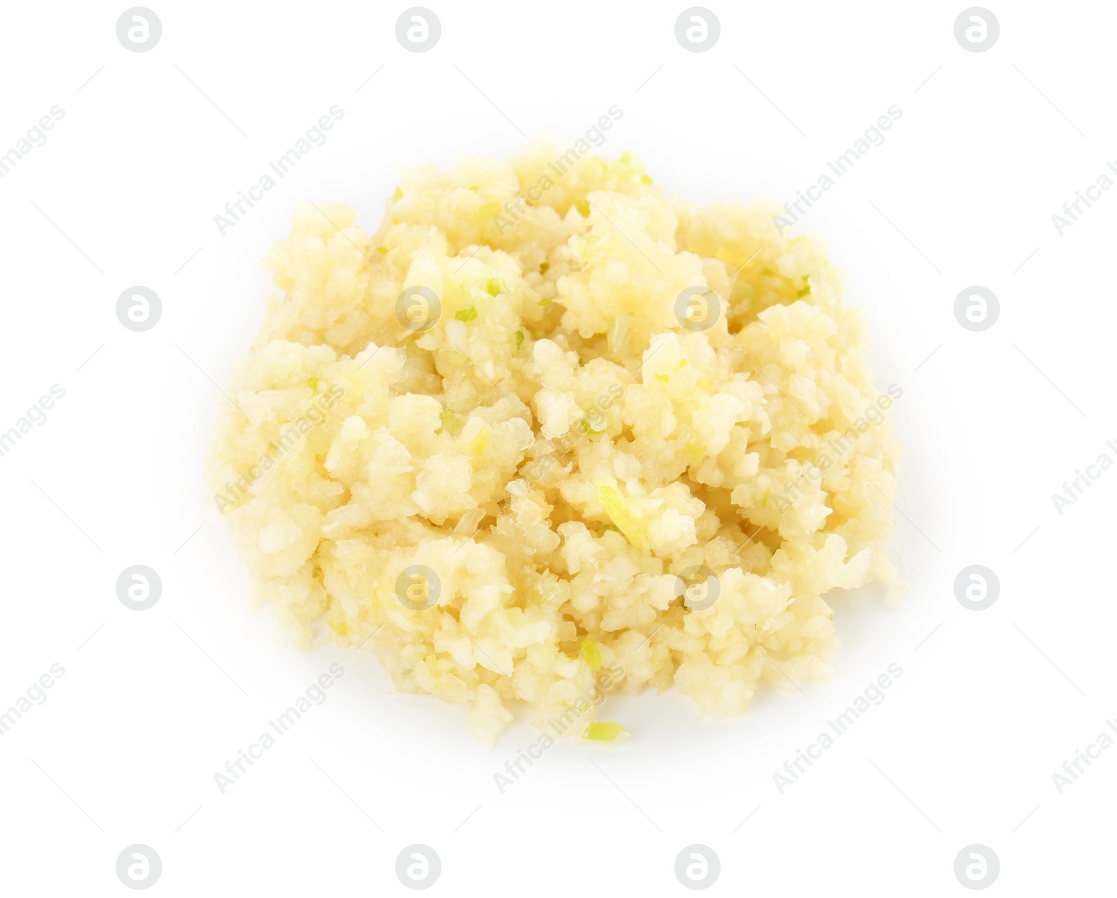 Photo of Pile of chopped garlic isolated on white, top view