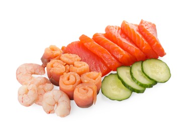 Photo of Delicious sashimi set of salmon and shrimps served with cucumbers isolated on white