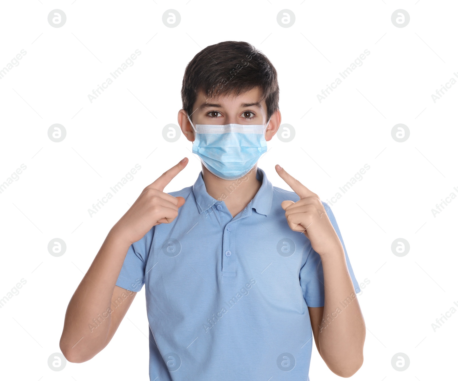 Photo of Boy wearing protective mask on white background. Child safety