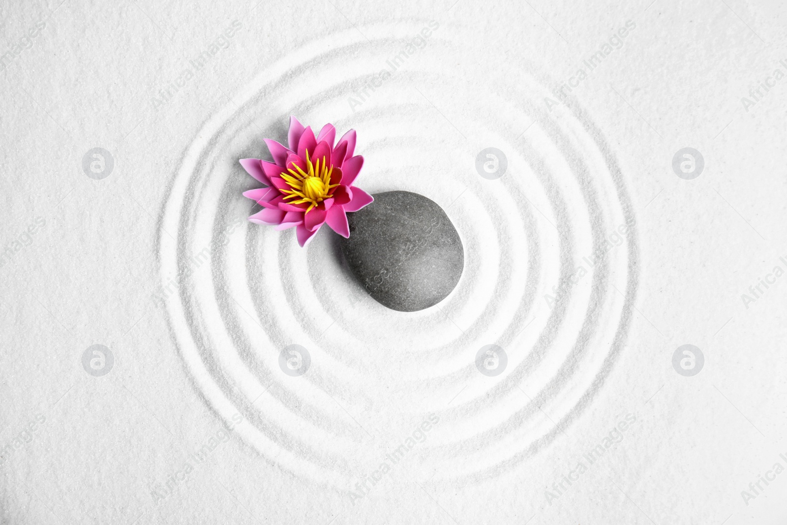 Photo of Zen garden. Beautiful lotus flower and stone on white sand, flat lay