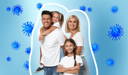 Image of Strong immunity - healthy family. Happy parents with children protected from viruses and bacteria, illustration