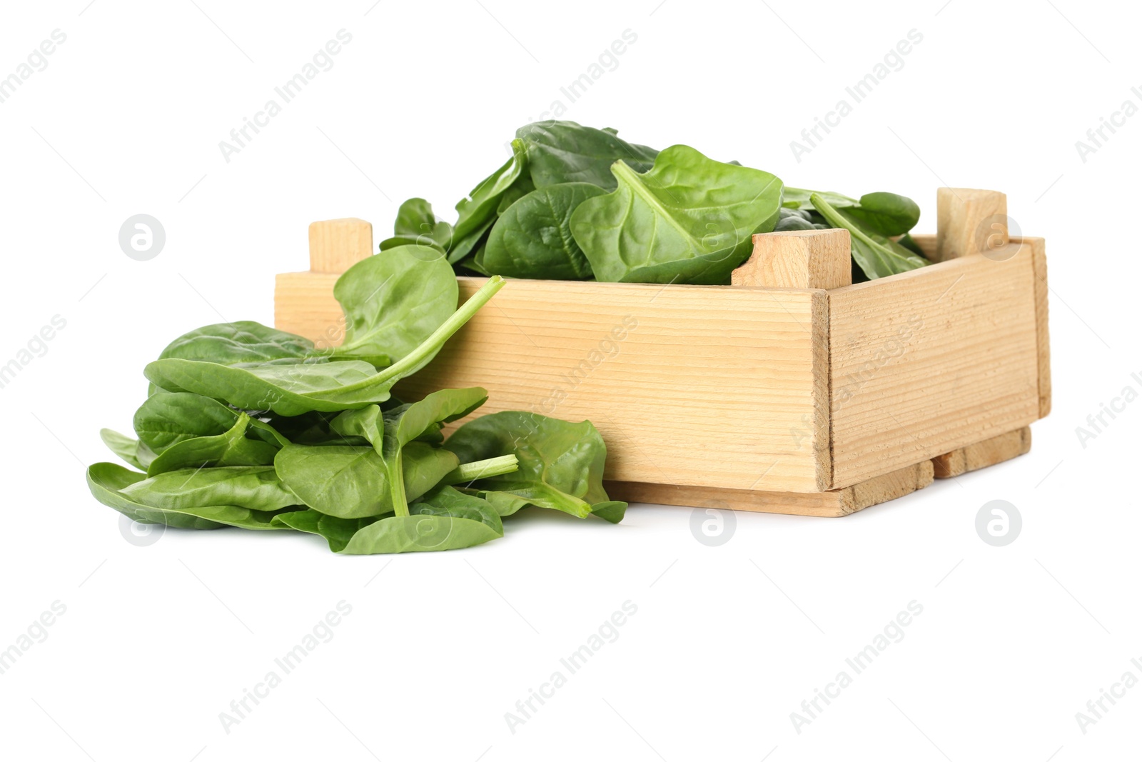 Photo of Crate and spinach leaves isolated on white