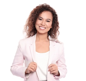 Photo of Young African-American woman with beautiful face on white background