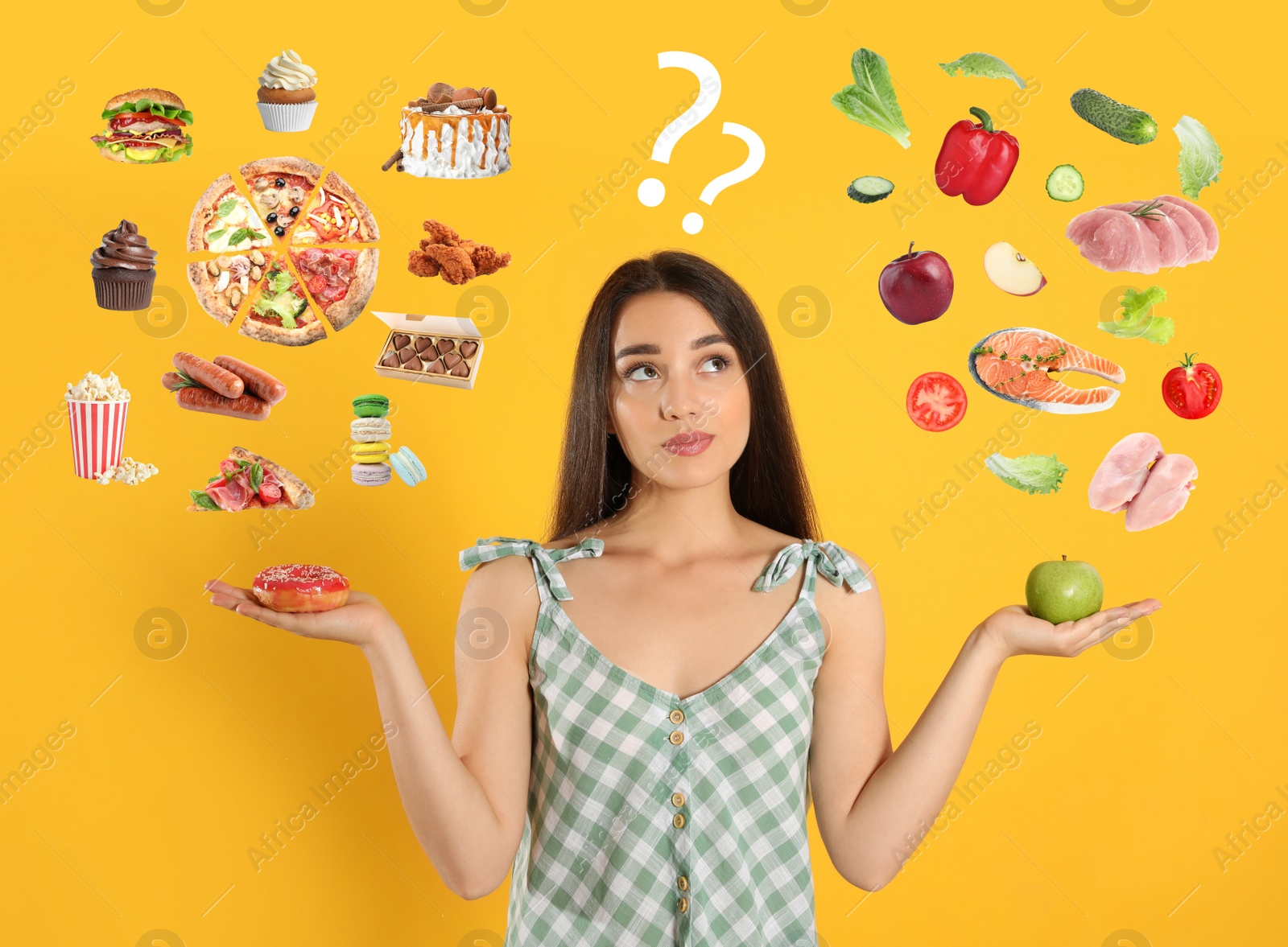 Image of Doubtful woman choosing between between healthy and unhealthy food on yellow background