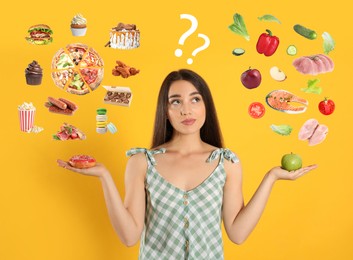 Doubtful woman choosing between between healthy and unhealthy food on yellow background