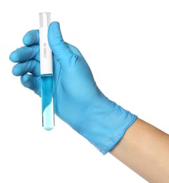 Photo of Scientist in protective gloves holding test tube with vaccine and label Covid-19 on white background, closeup