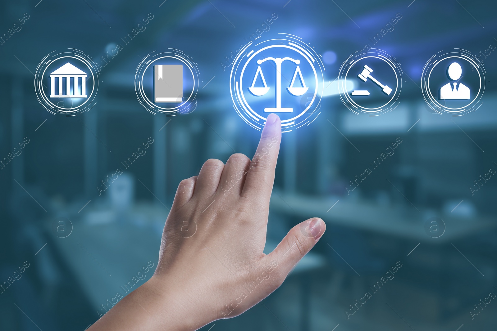 Image of Laws, legal information and online consultation. Woman using virtual screen with icons, closeup