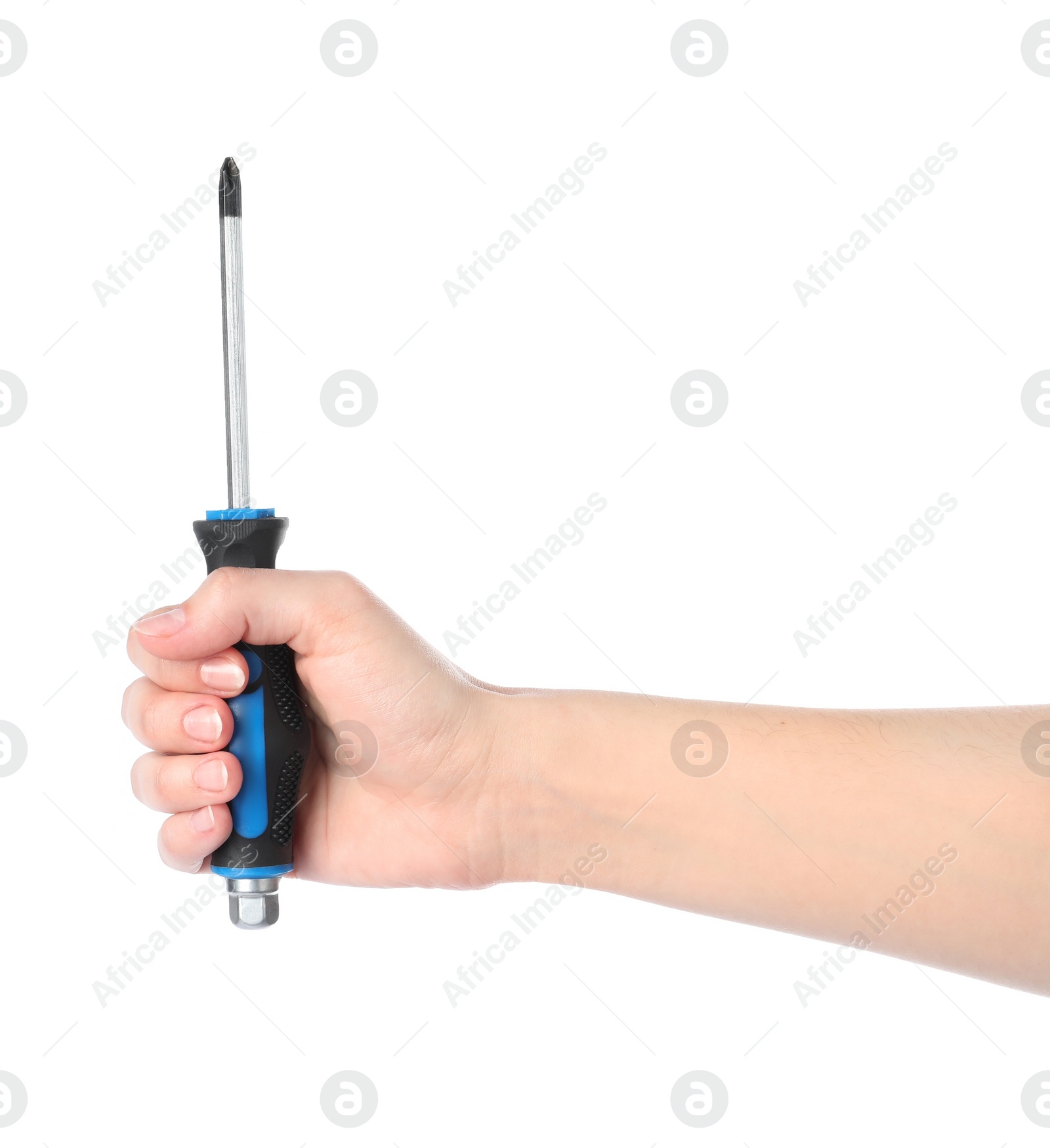 Photo of Woman holding screwdriver on white background, closeup