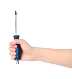 Woman holding screwdriver on white background, closeup